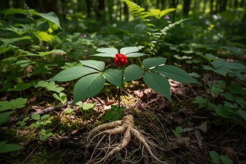 Ginseng root laying on ground in forest nature 