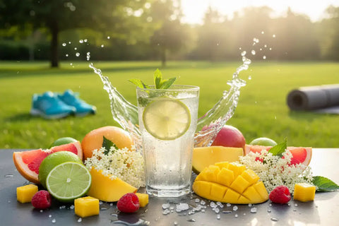 Refreshing electrolytes in a glass surrounded by delicious fruit