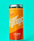 Can of Hytropics Salty Mango & Pineapple drink on a teal background