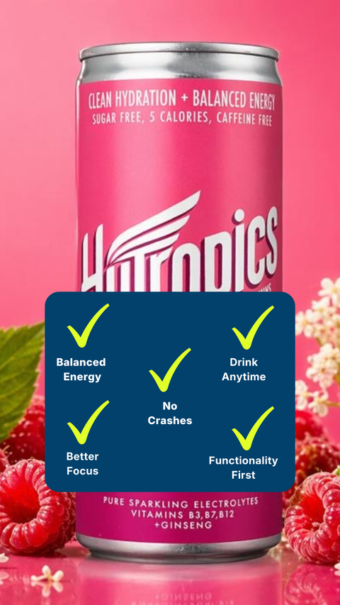 Pink can of Nutronics energy drink with a pink background and raspberries.