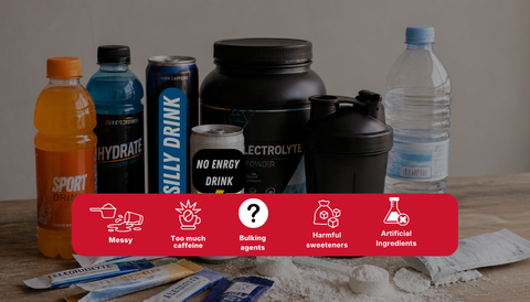 Assorted unhealthy energy drinks, supplements, and water bottles on a wooden surface with health warning icons and text.