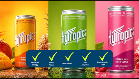 Three cans of Hytropics drinks in different flavors with a checkmark graphic indicating health benefits.