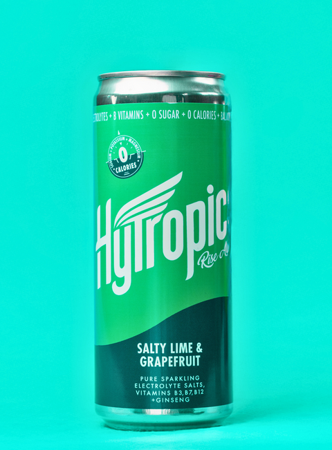 Green can of Hytropics Lime and Grapefruit drink with a teal background