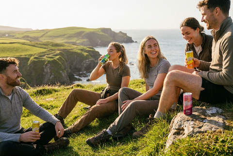 Group of people sitting on a grassy cliff overlooking the ocean, enjoying drinks.