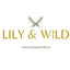 A square logo for 'LILY & WILD' featuring gold serif lettering with a small green leafy branch graphic above, and the website 'www.lilyandwild.