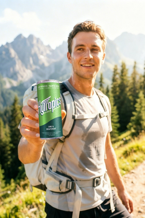 Man holding a can of HyTropics in a mountainous outdoor setting