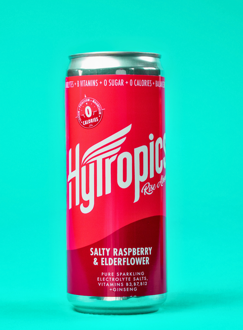 Red can of Hytropics Salty Raspberry & Elderflower on a teal background