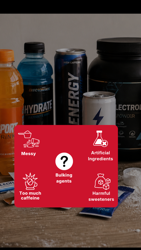 Supplement bottles with a red information card listing potential negative effects.