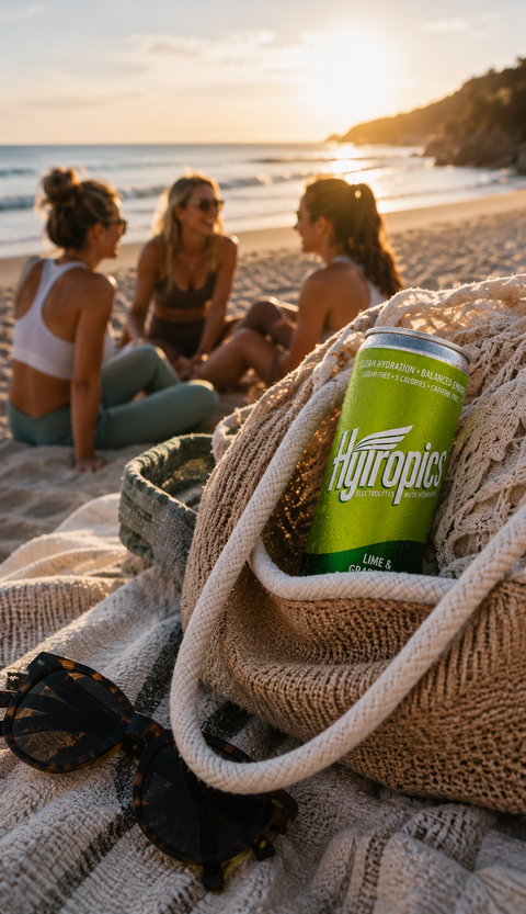 A green can of Hytropics sparkling drink sits in a beige woven tote bag on a sandy beach, with three women sitting in the background near the ocean at sunset.